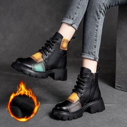 Kurze Stiefel aus echtem weichem Leder für Damen im Herbst und Winter im Ethno-Stil, kurze Röhre, dicker Absatz, Einzelstiefel mit Retro-Patch, wasserdichte Plateaustiefel 41