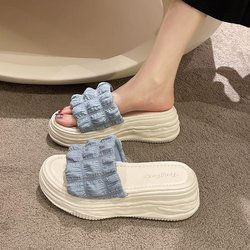 Erhöhte, verschleißfeste, rutschfeste Sandalen im Feenstil, Sommerkleidung mit dicken Sohlen und erhöhten Absätzen, französische Strandpantoffeln 39 blau