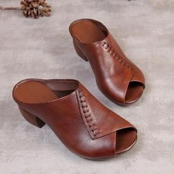 Dicke Absätze aus weichem Leder, Außenpantoffeln, Fischmaul, bequeme Damen-Sandalen mit mittleren Absätzen, Damen-Mutterschuhe, Damen 40 braun