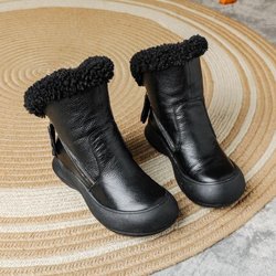 Johnature Warme Plüschstiefel aus echtem Leder für Damen mit rutschfester, weicher Sohle, bequemer, seitlicher Reißverschluss, kurze Stiefel 39-Plush schwarz