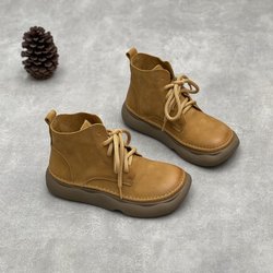 Johnature Retro-Stiefel aus echtem Leder, kurze Stiefel, breite Zehenpartie, Schnürstiefel aus Rindsleder, weiche Sohle 38 braun