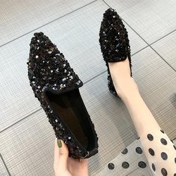 Damen Frühling und Sommer Spitzschuhschuhe Herbst Niedrigen Absatz Casual All-Match Einzelschuhe Große Größe Weiche Unterseite Party Pailletten Schuhe 35 schwarz