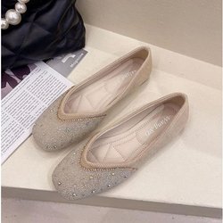 WTEMPO Flache Damenschuhe, modisch, quadratische Zehenpartie, Mesh, atmungsaktiv, bequem, weiche Sohle, Strass, vielseitig, Temperament, niedriger Absatz, Einzelschuhe 40 apricot