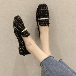 Damen Frühling und Sommer quadratische Kopf flache Schuhe koreanische Version vielseitige Perlen dekorative flache flache Absatz Stoffschuhe 40 schwarz