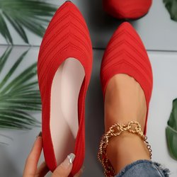Damen Ballerinas mit spitzer Zehenpartie, einfarbig gestrickt, zum Hineinschlüpfen, lässige atmungsaktive Schuhe für Frühling und Sommer 37 rot