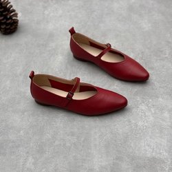Johnature Handgefertigte flache Damenschuhe aus echtem Leder mit spitzer Spitze, einfache, vielseitige Schuhe mit Schnallenriemen und weicher Sohle 39 rot
