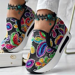 Bunt bestickte Low-Top-Sneakers mit Keilabsatz, Laufschuhe 38 schwarz