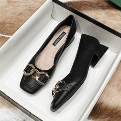Damenschuhe mit dickem Absatz, weiches Leder, quadratischer Kopf, vielseitig, flach, lässig, weiche Sohle, rutschfest, bequeme Schuhe 35 schwarz