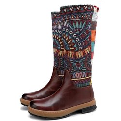Mode Retro Ethno Damen Stiefel Boho Folk-Custom Artisanal Damen Flache Lederstiefel Stickerei Bedruckte Schuhe 40