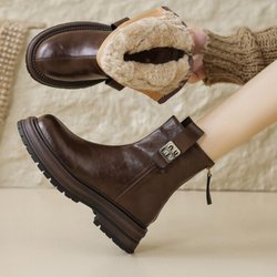 2025 Winter Neue Damen Leder Dicke Sohle Plateau Flats Knöchel Schneestiefel Wolle Innen Lässige Kurze Stiefeletten 39