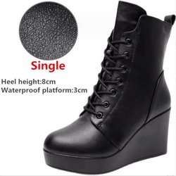 Damen Echtleder Stiefeletten Winter Damen Plüsch Schneestiefel Plateau Keilstiefel Damen High Heel Schuhe Größe 33-43 36