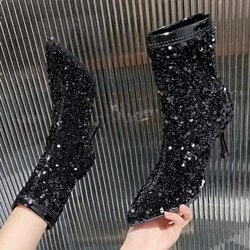 Mode Luxus Glitter Stiefeletten Frauen High Heel Bling Sexy Spitz Schuhe Frau 2024 Trend Elegante Party Kleid Chelsea Botas mujer 41 schwarz