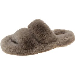 Flauschige Hausschuhe für Damen, gemütliche offene Zehenpartie, Memory-Schaum, Plüsch, pelzig, flauschig, Damen-Hausschuhe für den Innenbereich, für Schlafzimmer 37 khaki