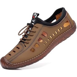 Echte Herrenschuhe Leder Sommer Hohl Herren Lederschuhe Höhlenschuhe Schuhe mit weicher Sohle Atmungsaktive Freizeitschuhe für Herren 44 khaki