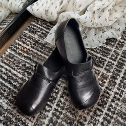 Lederschuhe für Damen, Frühling und Herbst, einfarbig, bequeme, weiche Unterseite, runde Schnalle, flache Ferse, Schnalle, Retro, vielseitige Schuhe 39 schwarz