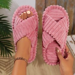 Superweiche Hausschuhe mit offener Spitze und verschwommener Optik – Überkreuzriemen – Bequeme Hausschuhe für Damen – Einfarbig, rutschfest, atmungsaktiv 36-37 rosa