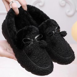 Damen-Winter-Slipper aus Kunstfell, warme, gemütliche Slipper mit Polarfleece-Futter, rutschfeste Hausschuhe für drinnen und draußen, flache Schuhe mit Fliege für Damen 40 schwarz
