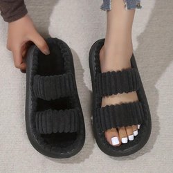Damen Plüsch Hausschuhe mit Doppelriemen, Einfarbig Offene Zehenpartie Rutschfest Bequeme Pantoletten Schuhe, Mode Indoor Plateau Hausschuhe 36-37 schwarz