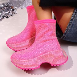 Mode Luxus Strass Plateau Stiefeletten für Damen 2025 Neu Hot Pink Dicke Sohle Straßenschuhe Frau Mode Slip On Klobige Stiefel 39 rosa