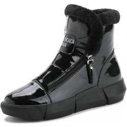 Wasserdichte Leder Schneestiefel Frau Kurze Stiefel Damen Lang Plüsch Warme Stiefeletten Flaches Schuhwerk High Top Lässig Sportlich Seitenreißverschluss Baumwollstiefel 35 schwarz