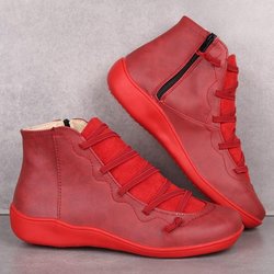 Damen Winterstiefel PU Leder Stiefeletten Frühling Flache Schuhe Weibliche Casual Kurze Stiefel Mode Retro Schnürstiefel Zapatos Mujer 35 rot