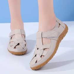 Damen Sandalen Sommer Echtleder Hohl Flache Sandalen Bequem Rundkopf Geschlossene Zehen Strandschuhe Sandalia Feminina 46