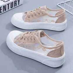 Schwarze bestickte, ausgehöhlte Canvasschuhe, flache Schuhe für Damen, Netzoberfläche, flacher Mund, schlicht, lässig, Pendeln, Harajuku 40 khaki