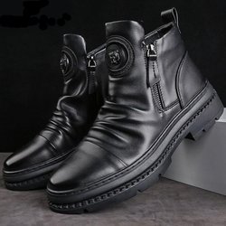 Herren-Motorrad-Lederstiefel im britischen Stil, runder Kopf, hohe Schuhe, seitlicher Reißverschluss, lässige Plateaustiefel 42 schwarz