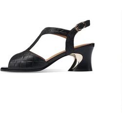 Damen-Sandalen mit mittelhohem Absatz aus geprägtem Rindsleder mit Fischmaul-Motiv, für den Sommer, dicker Absatz, weicher Boden, Trip-Riemen, tragbar außerhalb der Damenschuhe 35 schwarz