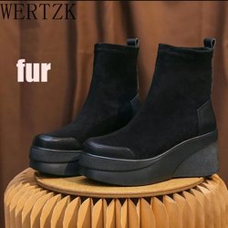 High Heels Stiefel Runde Zehen Damen Stiefeletten Plateau Wedges Damen Kniehohe Stiefel Klassische elastische Stiefel 38 warme schwarz