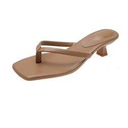 Zehenfreie coole Hausschuhe Sommer neue Flip-Flops High Heel Pfennigabsatz Oberbekleidung eckige Spitze große Größe Sandalen Damen 40 apricot