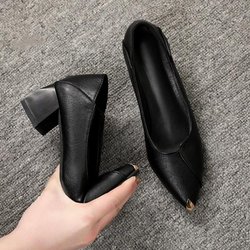 Schwarze Lederschuhe für Damen, dicker Absatz, 3 cm, spitze Zehenpartie aus Metall, flache Öffnung, bequeme Arbeitsschuhe aus weichem Leder 41 schwarz