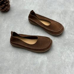 Johnature Handgefertigte flache Halbschuhe aus echtem Leder, Loafer, runde Zehenpartie, weiche Sohle, einfache Schlupfschuhe für Damen 40 kaffeebraun