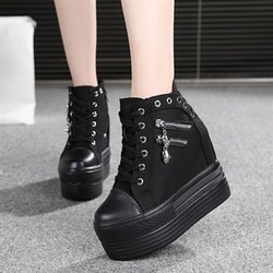 Damen-Segeltuchschuhe, Keilabsatz, dicker Boden, erhöhte Freizeitschuhe, hochhackige Plateau-Schnürkeil-Sneaker 35