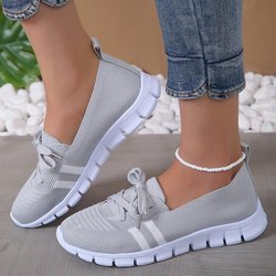 Mesh-Strickschuhe mit gestreiften Streifen für Damen 2024 Sommer Schnürschuhe Casual Sneakers Frau Atmungsaktive Halbschuhe mit weicher Sohle Plus Größe 43 36 graue