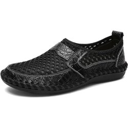 Sommer Herren ECHT Leder Sandalen Atmungsaktive Lederschuhe Herrenschuhe mittleren Alters Lazy Slip-on Mesh Schuh 45 schwarz