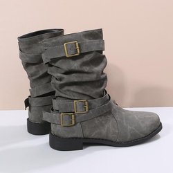 Vintage europäische und amerikanische Martin-Stiefel: Lederstiefeletten mit Retro-Schnalle und mittlerer Schafthöhe für Damen, große Größen erhältlich. 36 graue