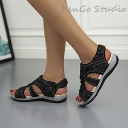 Sommer runde Zehen Freizeitschuhe Klettverschluss flache leichte atmungsaktive Sandalen Damenschuhe 39 schwarz