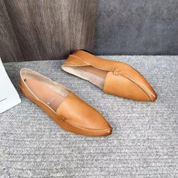 Johnature Retro-Damen-Slipper aus echtem Leder mit spitzer Zehenpartie, handgefertigt, flach, weiche Sohle, einfarbig, Slip-on-Schuhe 38 kamelfarben