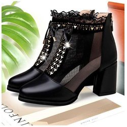 Echtes Leder High Heels Damen Mesh Gaze Sandalen Dicker Absatz Damenschuhe Mittlerer Absatz Coole Stiefel Sommer Damen Sandalen Mutterschuhe 40 schwarz