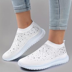 Slip-On-Sneakers mit Strass-Dekor für Damen – Bequeme, gestrickte Low-Top-Sneaker für lässiges Gehen im Fitnessstudio 38 weiß