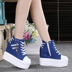 Damen-Segeltuchschuhe, Keilabsatz, dicker Boden, erhöhte Freizeitschuhe, hochhackige Plateau-Schnürkeil-Sneaker 38