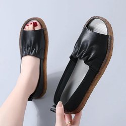 Damen-Sandalen aus weichem Leder, Oxford, weicher Boden, rutschfest, Fischmaul, ausgehöhltes Design, flache Sohle, Lederschuhe, Arbeitsschuhe, einfacher und lässiger Stil 40 schwarz