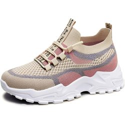 Große atmungsaktive Mesh-Plateau-Sneakers für Damen, lässige Schnürschuhe für draußen, bequeme Low-Top-Sneaker 38 beige