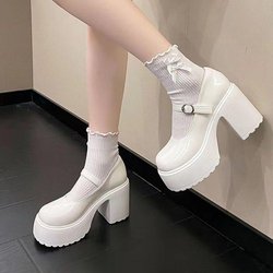 Klobige Plateau High Heels Pumps Damen Herbst PU Knöchelschnalle Mary Jane Schuhe Frau Dick Absatz Weiß Lolita Schuhe 38