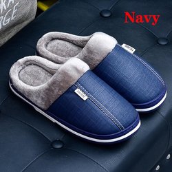 Männer Frauen Wasserdichte PU Leder Winter Warme Plüsch Hause Schuhe Hausschuhe Indoor Anti-Skid 42 dunkelblau