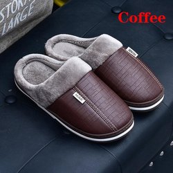Männer Frauen Wasserdichte PU Leder Winter Warme Plüsch Hause Schuhe Hausschuhe Indoor Anti-Skid 40 kaffeebraun
