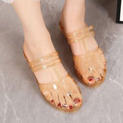 Modische Jelly Einfache Coole Slipper für Damen Sommer Keilabsatz und Vielseitige Rutschfeste Außenbekleidung Kristall Stirnband mit Blumen 40
