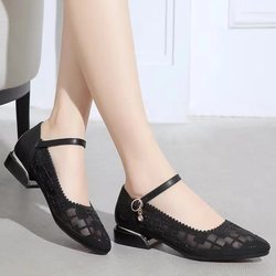 Damen-Sandalen, Frühling und Sommer, elegant, mittelhoher Absatz, hohle Mesh-Pumps, schwarze High Heels, Party, große Schuhe 40 schwarz