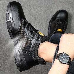 Arbeitsschutzschuhe Herren Sommer Großes Mesh-Loch Atmungsaktiv Wasserdicht Stahlkappe Anti-Quetsch Anti-Durchstich Verschleißfestigkeit Schuhe 45 schwarz